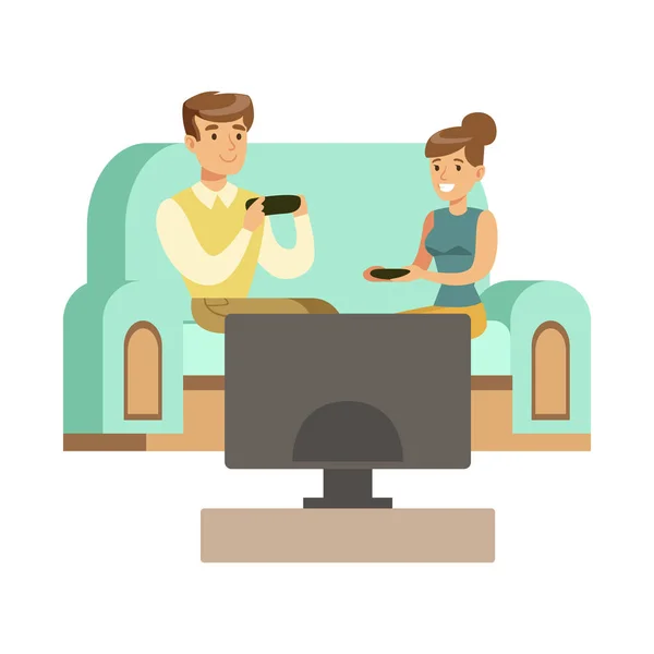 Pareja sentada en el sofá con Joysticks, parte de los jugadores felices disfrutando jugando videojuegos, gente en interiores divirtiéndose con juegos de computadora — Archivo Imágenes Vectoriales