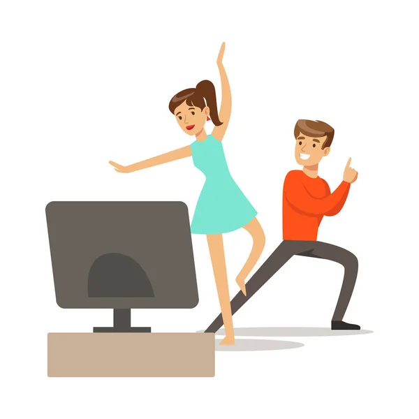Casal, Console e captura de movimento dançando, parte de jogadores felizes que gostam de jogar videogame, pessoas dentro de casa se divertindo com jogos de computador —  Vetores de Stock