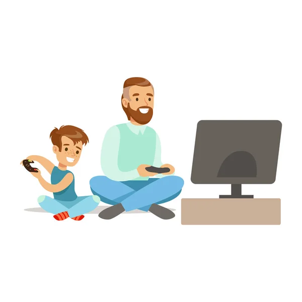 Padre y niño sentados en el suelo con Joysticks, parte de los jugadores felices disfrutando jugando videojuegos, gente en interiores divirtiéndose con juegos de computadora — Vector de stock