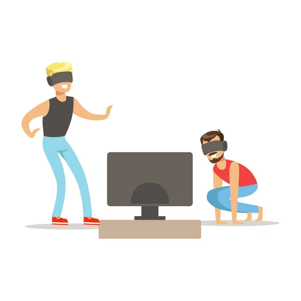 Sanal gerçeklik gözlük, Video oyun, oynarken zevk mutlu oyuncular parçası iki arkadaş kapalı bilgisayar oyunları ile eğlenmek insanlar — Stok Vektör
