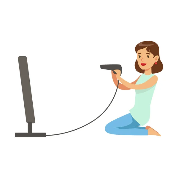 Woman With Gun Joystick Shooting,Part Of Happy Gamers Enjoying Playing Video Game, People Indoors Having Fun With Computer Gaming — Stock Vector