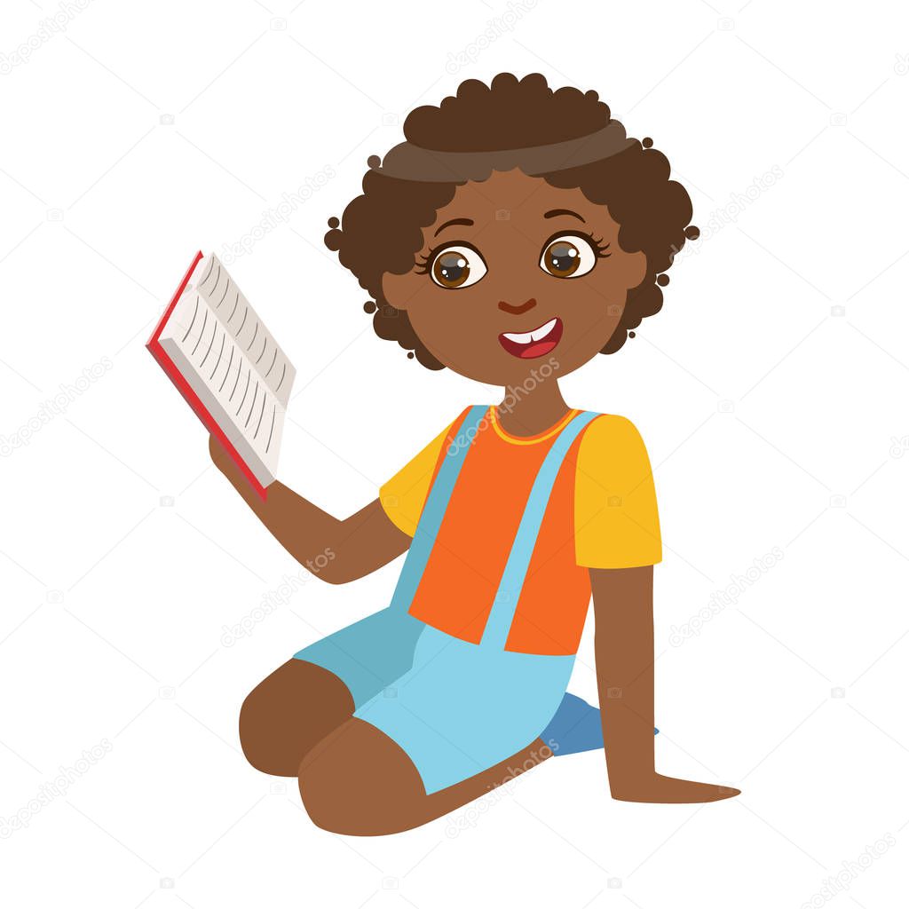 Boy Sitting On The Floor Reading A Book, Part Of Kids Loving To Read Vector Illustrations Series
