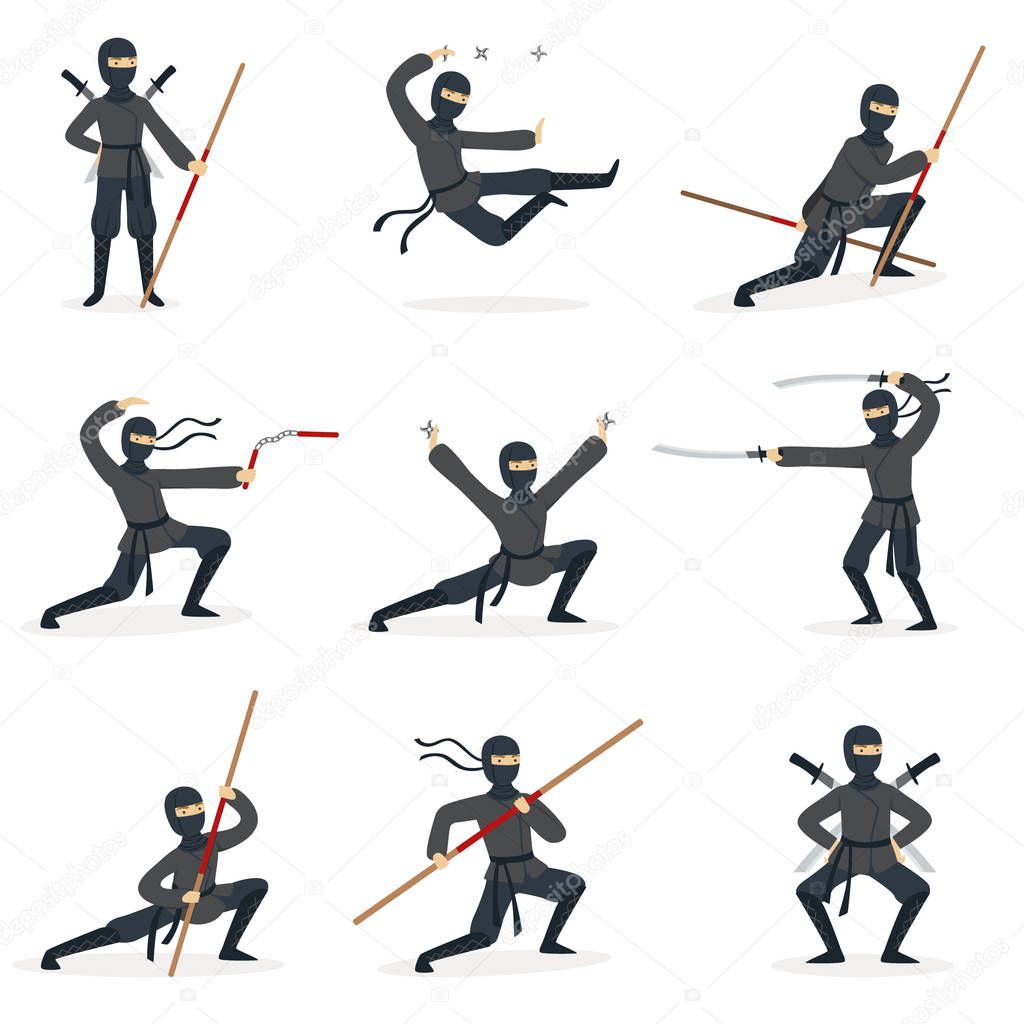 Japanese Ninja Assassin In Full Black Costume Performing Ninjitsu Martial Arts Postures With Different Weapons Set Of Illustrations.