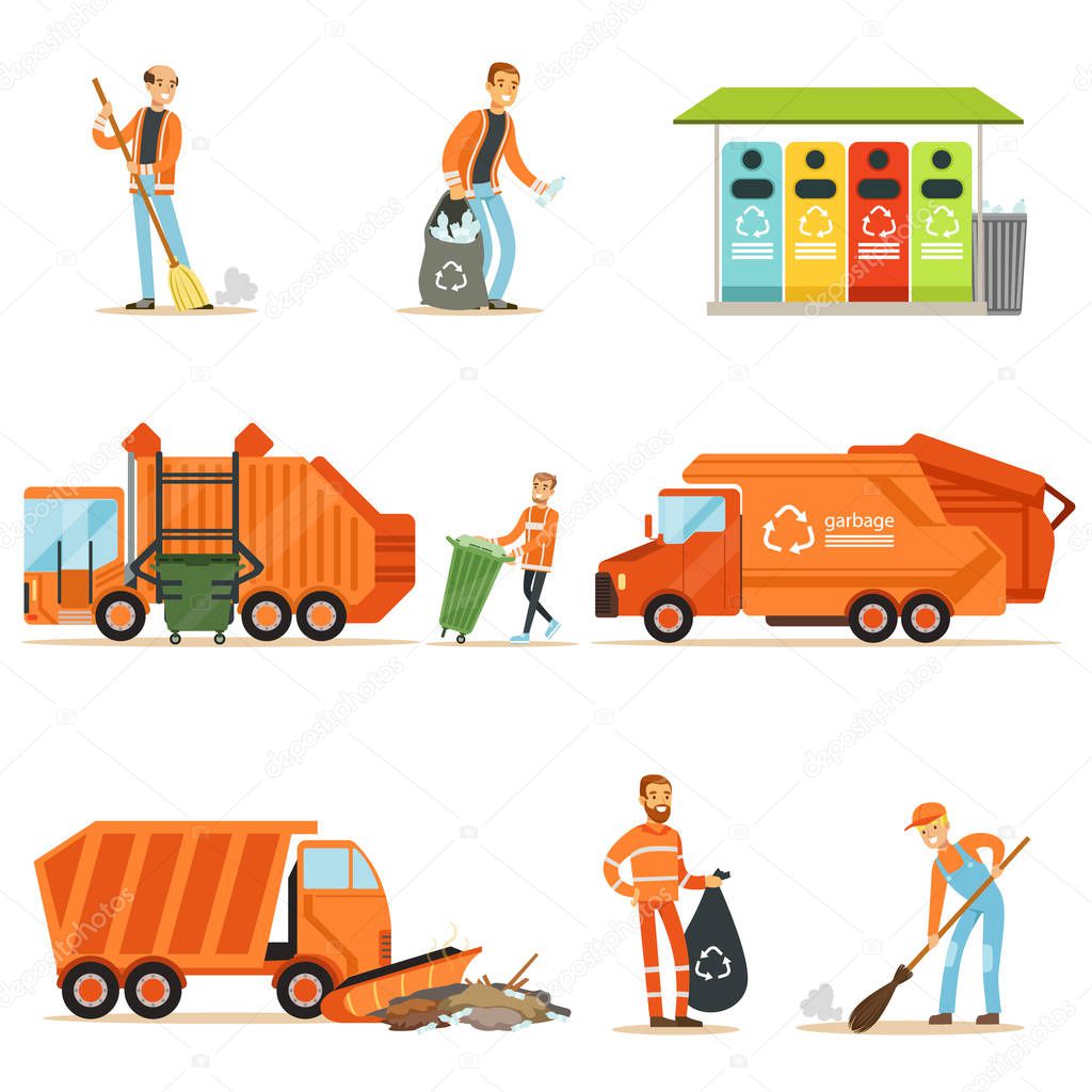 Garbage Collector At Work Set Of Illustrations With Smiling Recycling And Waste Collecting Worker