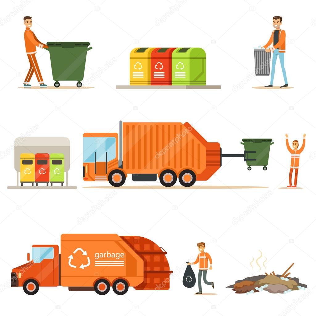 Garbage Collector At Work Series Of Illustrations With Smiling Recycling And Waste Collecting Worker