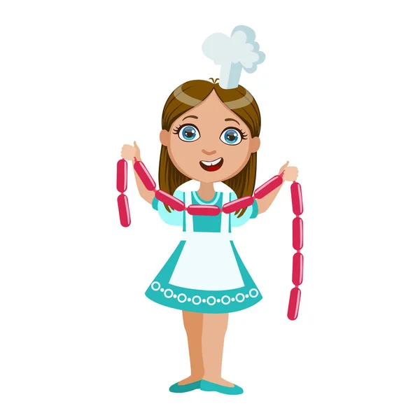 Girl Holding String Of Sausages, Cute Kid In Chief Toque Hat Cooking Food Vector Illustration — Stock Vector