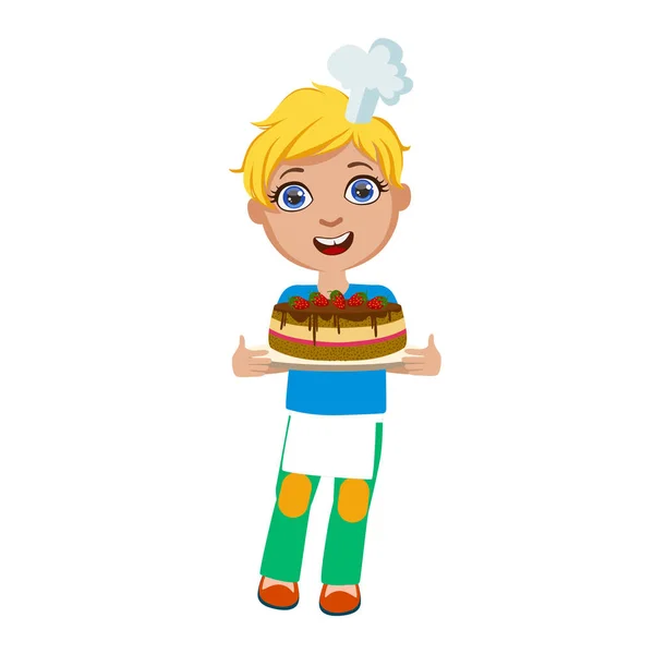 Chico sosteniendo pastel de fiesta de chocolate, niño lindo en jefe sombrero de Toque cocina comida vectorial ilustración — Vector de stock