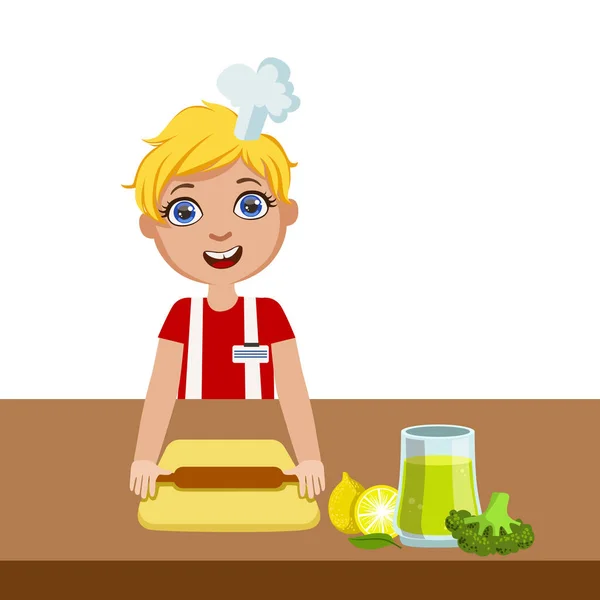 Boy With Rolling Pin, Cute Kid In Chief Toque Hat Cooking Food Vector Illustration — Stock Vector