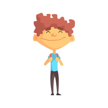 Kıvırcık oğlan mavi tişört, gülümseyen İlköğretim Okulu çocuk, temel sınıf üyesi, genç öğrenci karakter izole