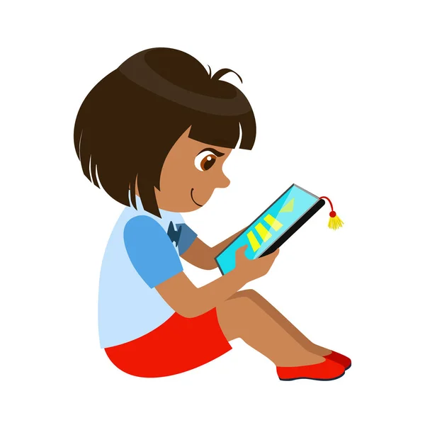 Chica sentada lectura y libro electrónico, parte de los niños y aparatos modernos serie de ilustraciones vectoriales — Archivo Imágenes Vectoriales
