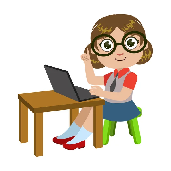 Girl In Glasses Sitting At The Desk With Lap Top, Part Of Kids And Modern Gadgets Series Of Vector Illustrations — Stock Vector