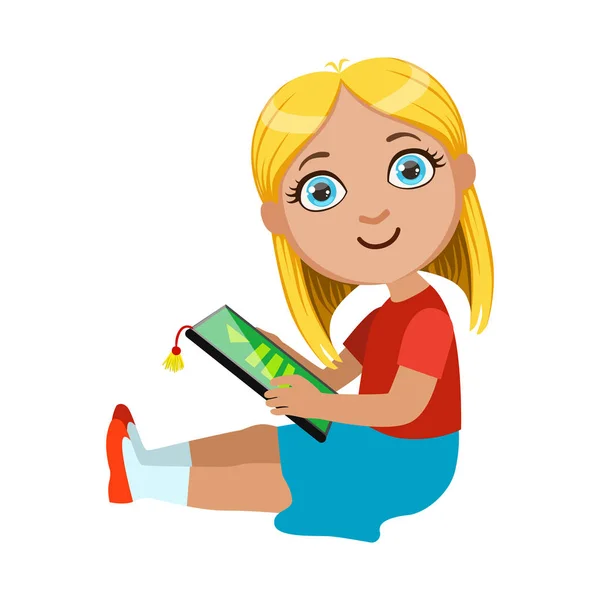 Brond Girl Sitting Reading Electronic Book, Part Of Kids And Modern Gadgets Series Of Vector Illustrations — Stock Vector