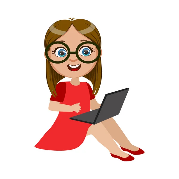 Girl In Red Dress Sitting With Lap Top, Part Of Kids And Modern Gadgets Series Of Vector Illustrations — Stock Vector