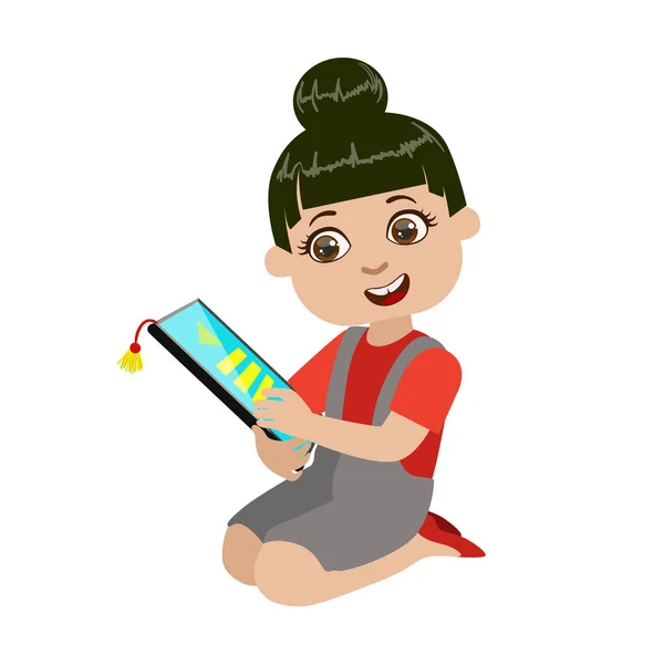 Girl Reading Text From Screen Of Tablet, Part Of Kids And Modern Gadgets Series Of Vector Illustrations — Stock Vector