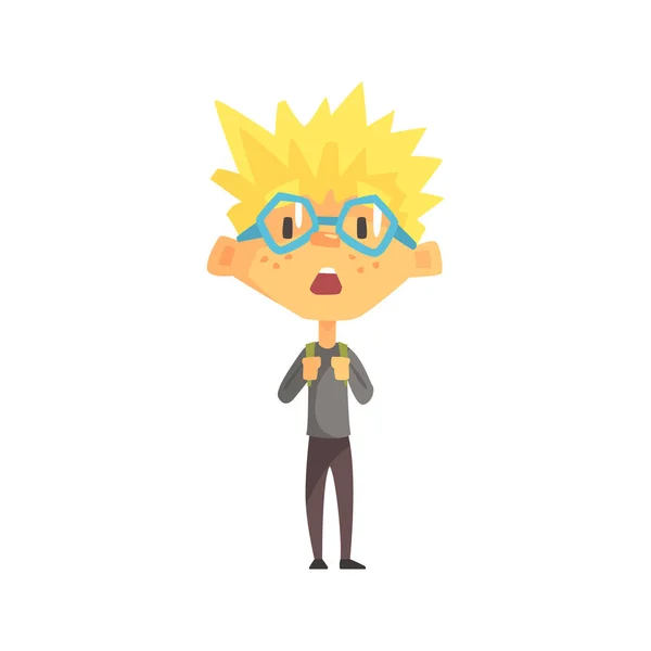 Blond Boy With Spiky Hair And Glasses Surprised, Primary School Kid, Elementary Class Member, Isolated Young Student Character — Stock Vector