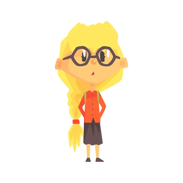 Запутавшаяся блондинка в очках с платформой, ученица начальной школы, член начального класса, персонаж изолированного молодого студента — стоковый вектор