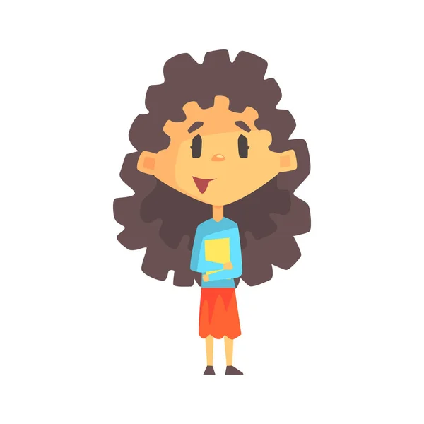 Девушка с длинными темными волосами, с книгами в руках, ученица начальной школы, член начального класса, персонаж изолированного молодого студента — стоковый вектор