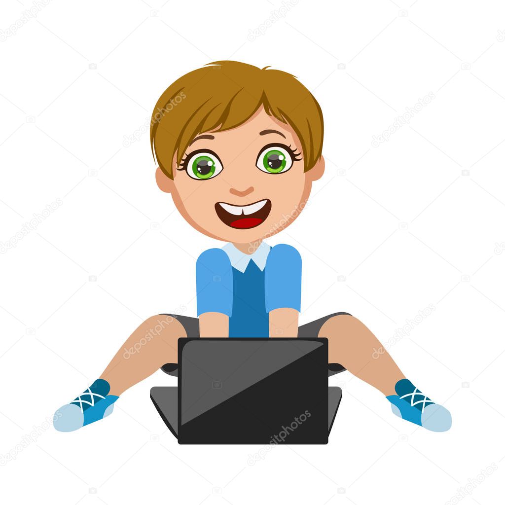Boy Playing Video Games On Lap Top, Part Of Kids And Modern Gadgets Series Of Vector Illustrations
