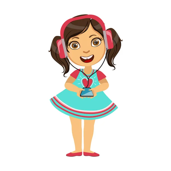 Girl listening To Music From Smartphone Through Headphones, Part Of Kids And Modern Gadgets Series Of Vector Illustrations — Stock Vector