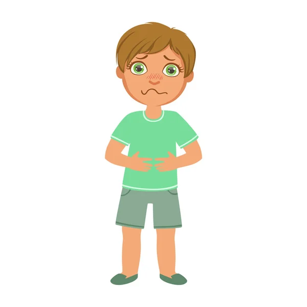 Chlapec s žaludeční křeče, pocit nepohody kvůli nemoci, zdravotní problémy řady ilustrací a část dětí nemocné dítě — Stockový vektor