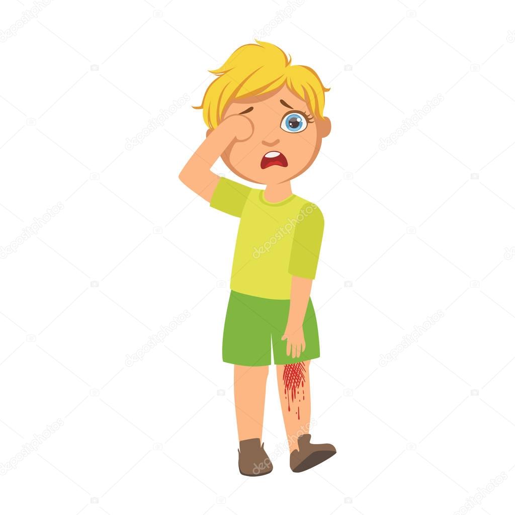 Boy With Bleeding Scratched Knee,Sick Kid Feeling Unwell Because Of The Sickness, Part Of Children And Health Problems Series Of Illustrations