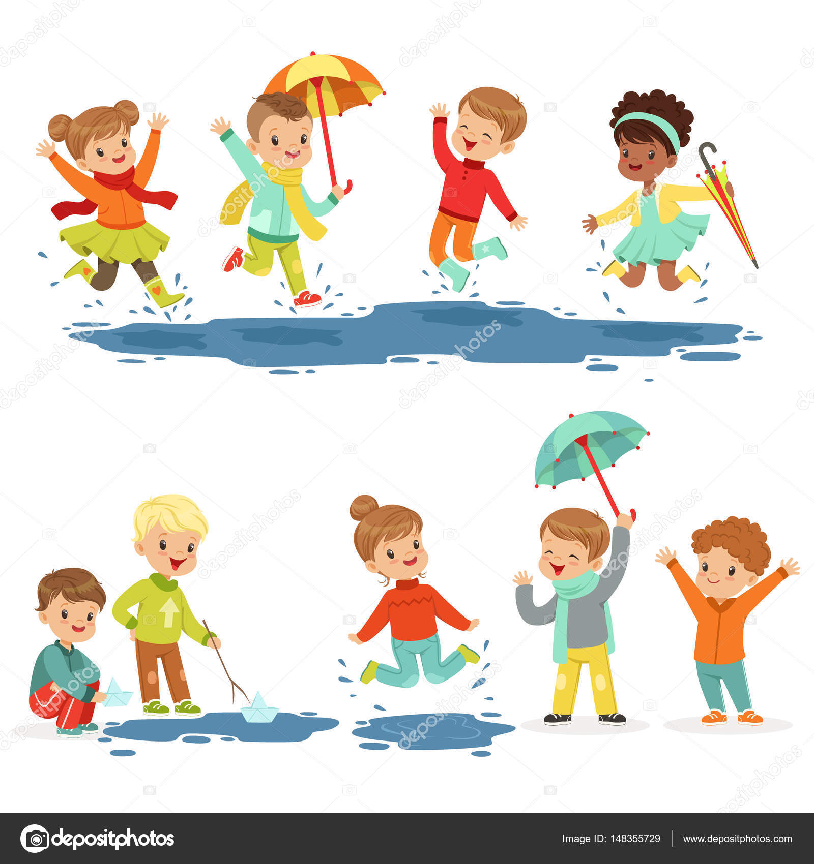 Carino bambini giocando su pozzanghere impostato per il disegno etichetta sorridenti Bambini che hanno divertimento all aperto indossare vestiti colorati