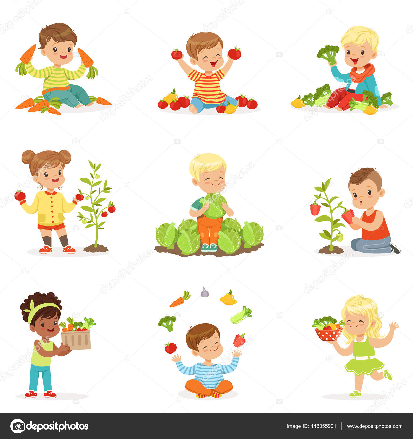 Piccoli bambini divertendosi e giocando con le verdure impostato per il disegno di etichetta