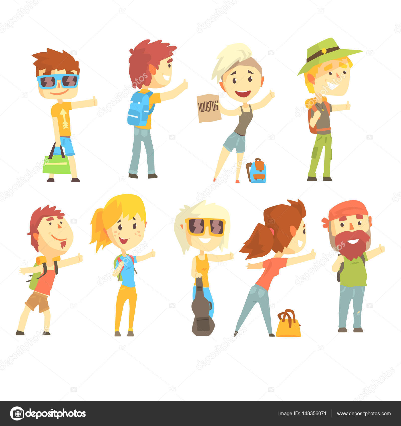 Hitch hike viaggiatore persona impostato per il disegno di etichetta Concetto di viaggio autostop Cartone animato dettagliate illustrazioni colorate