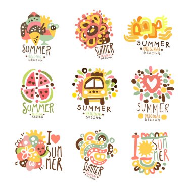 Yaz tatili etiket tasarımı için ayarlayın. Yolculuk, Macera, plaj, deniz renkli vektör çizimler