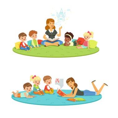 İlköğretim öğrenci ve öğretmen. Çocuk ve eğitim anaokulu içinde. Ayrıntılı renkli çizimler karikatür