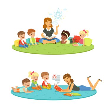 Elementary students and teacher. Children education and upbringing in the kindergarden. Cartoon detailed colorful Illustrations clipart