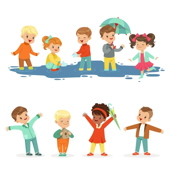 Smiling little kids playing on puddles, set for label design. Active leisure for children. Cartoon detailed colorful Illustrations — Stock Vector