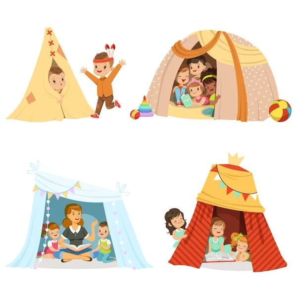 Crianças pequenas bonitos brincando e sentado em uma tenda teepee, conjunto para design de rótulo. Desenhos animados detalhados ilustrações coloridas —  Vetores de Stock
