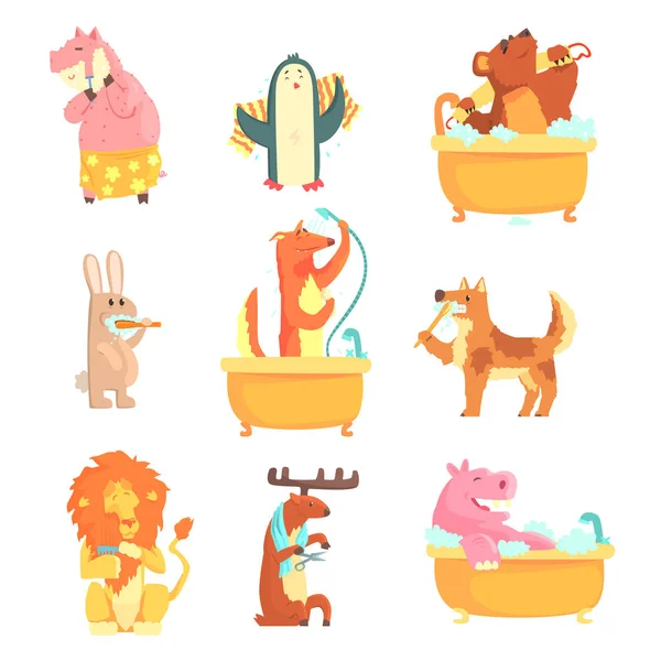 Animales lindos bañándose y lavándose en agua, fijados para el diseño de la etiqueta. Higiene y cuidado, ilustraciones detalladas de dibujos animados — Archivo Imágenes Vectoriales