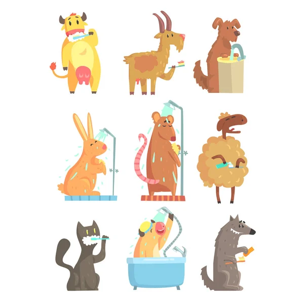 Animales divertidos tomando una ducha y lavado, conjunto para el diseño de la etiqueta. Higiene y cuidado de dibujos animados detallados ilustraciones — Archivo Imágenes Vectoriales