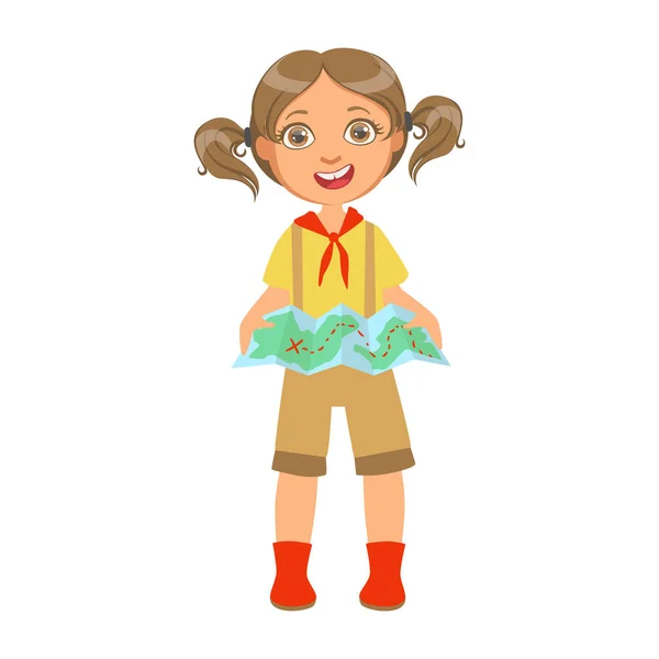 Escoteira menina feliz segurando um mapa turístico, um personagem colorido — Vetor de Stock