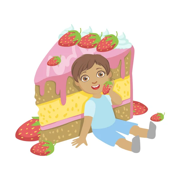 Carino bambino seduto vicino a una grande torta di fragole, un personaggio colorato — Vettoriale Stock