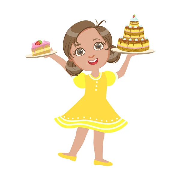 Mutlu kız sarı bir elbise renkli bir karakter onun elinde bir doğum günü pastası ile ayakta — Stok Vektör