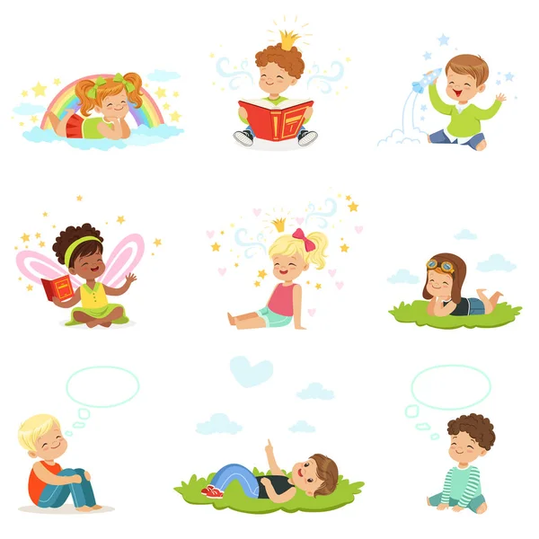 Glückliche und liebliche Kinder spielen und träumen. Cartoon detaillierte farbenfrohe Illustrationen — Stockvektor
