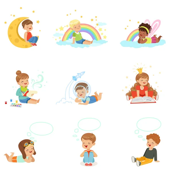 Niños felices soñando y fantaseando. Dibujos animados ilustraciones coloridas detalladas — Vector de stock