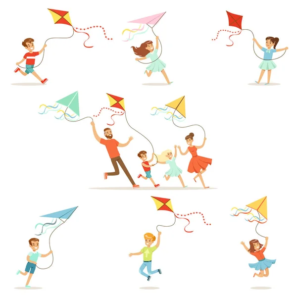Los niños y sus padres corriendo con cometa feliz y sonriente. Dibujos animados ilustraciones coloridas detalladas — Archivo Imágenes Vectoriales