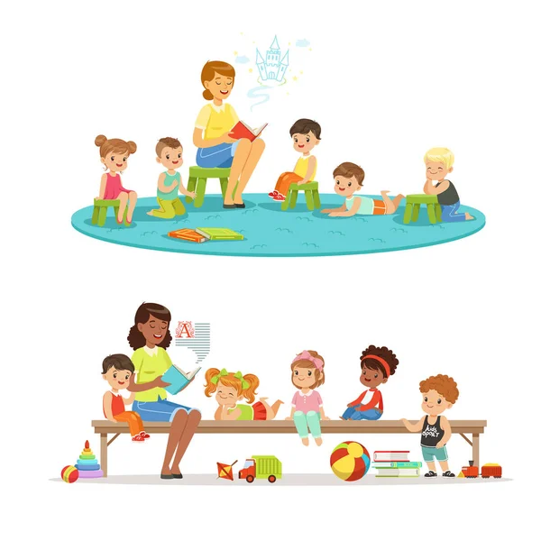 Skupina předškolní děti a učitele. Učitel, čtení pro děti ve školce. Kreslená detailní barevné ilustrace — Stockový vektor