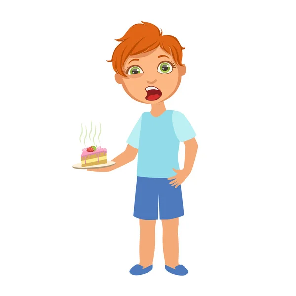 Garçon avec gâteau nauséeux, malade enfant se sentant mal à cause de la maladie, une partie des enfants et des problèmes de santé série d'illustrations — Image vectorielle