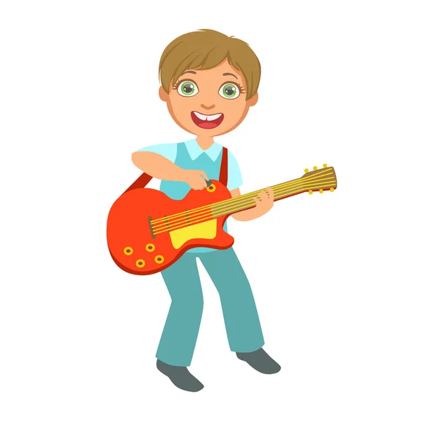 Chlapce hrát elektrická kytara, Kid na jevišti, školní Showcase účastník s hudební uměleckého talentu — Stockový vektor