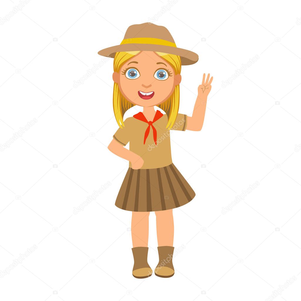 Girl scout raising her hand up and showing number three, a colorful character