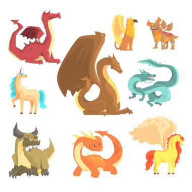 Mitolojik hayvanlar, etiket tasarımı için ayarla. Dragon, tek boynuzlu at, pegasus, griffin, karikatür ayrıntılı çizimler