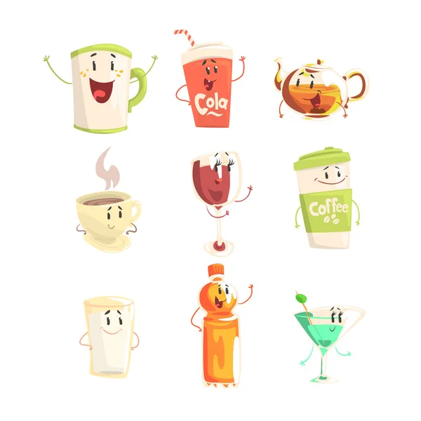 Grappige cup, fles, glas met dranken permanent en glimlachend, instellen voor labelontwerp. Cartoon gedetailleerde illustraties geïsoleerd — Stockvector