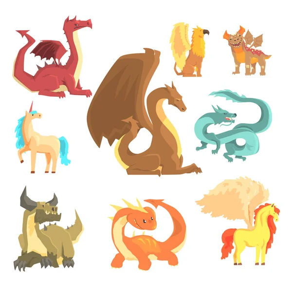 Mythologische dieren, instellen voor labelontwerp. Dragon, Eenhoorn, pegasus, griffin, cartoon gedetailleerde illustraties — Stockvector