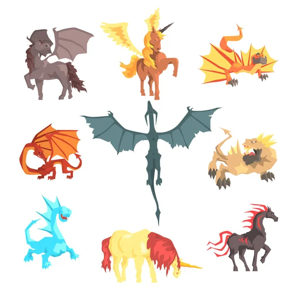Criaturas míticas e fantásticas, definidas para o design de etiquetas. Desenhos animados ilustrações detalhadas — Vetor de Stock