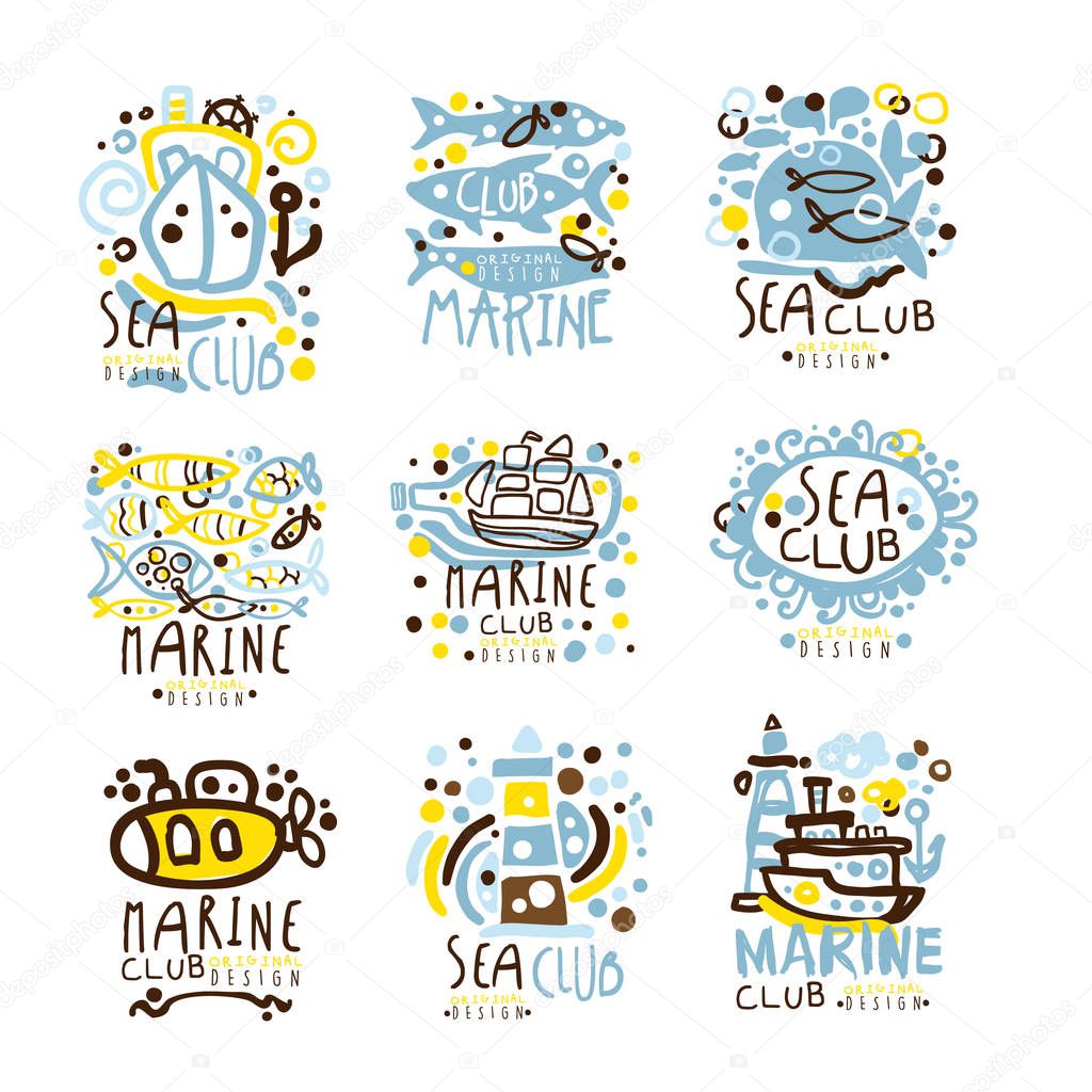 Sea club, marine club set for label design. Journey, summer holidays, beach party, cruises for use in the tourist industry colorful vector Illustrations